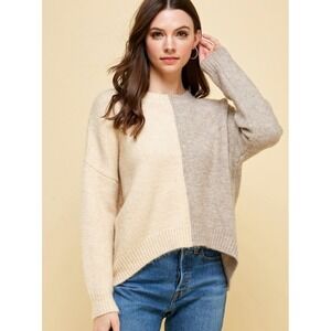 PINCH Womens Two Tone Colorblock Knit Sweater Cream Taupe Crew Neck Small 3726WS